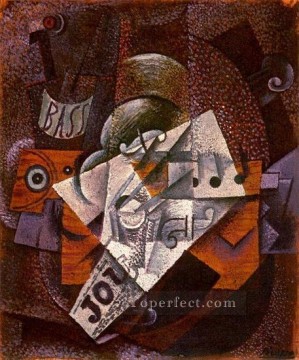 Bouteille clarinette violon journal verre 1913 Cubist Oil Paintings
